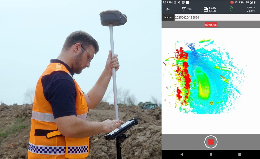 Surveyor using CHCNAV ViLi i100 to scan a road under construction