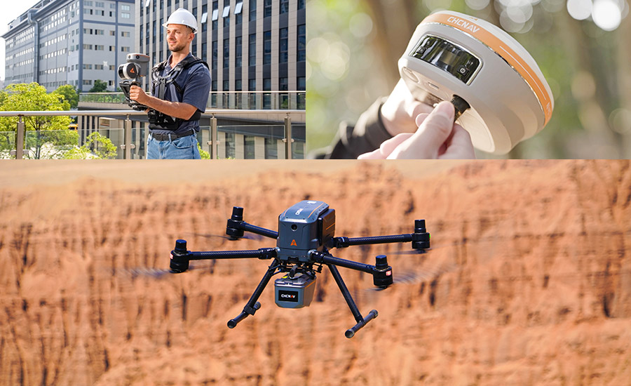 Field applications of CHCNAV technologies: a professional using a wearable LiDAR scanner in an urban setting, close-up of a GNSS receiver setup, and a drone equipped with CHCNAV system flying over a canyon.