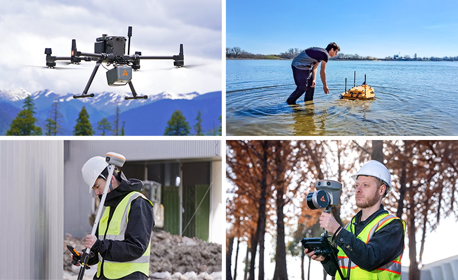 Les solutions CHCNAV en action : Un drone survolant des montagnes enneigées, un utilisateur pilotant un USV Apache dans l'eau, des ingénieurs de terrain utilisant un récepteur GNSS et un scanner SLAM dans des environnements de construction et de forêt.