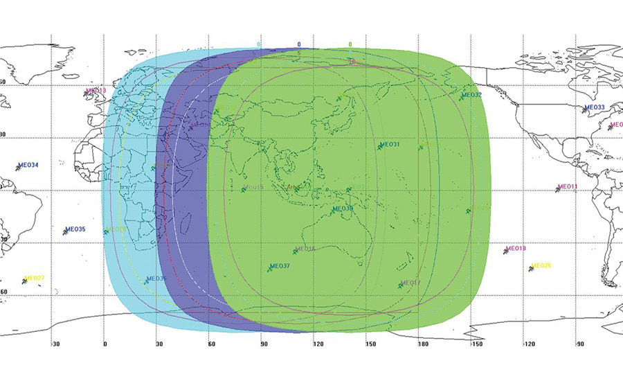 Mapa de cobertura global de los satélites GEO BDS-3, que muestra las huellas de señal superpuestas en Asia-Pacífico, con zonas de cobertura codificadas por colores.