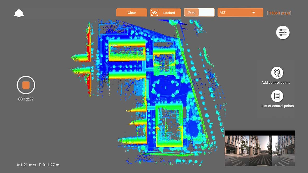 3D point cloud showing detailed mapping of an area with CHCNAV RS10, highlighting precision and high-frequency data capture.