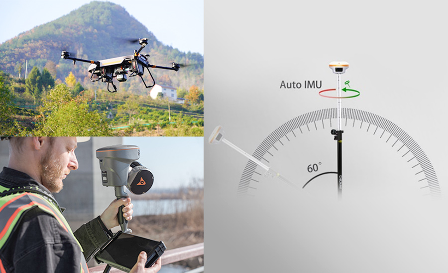 Drone flying over rural terrain, field operator using a 3D mobile mapping system, and GNSS receiver with automatic IMU tilt compensation for high-precision surveying.