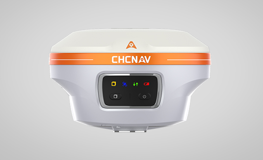Vista frontal del receptor láser RTK CHC Navigation i85 con cubierta superior naranja y sensores frontales para topografía de alta precisión