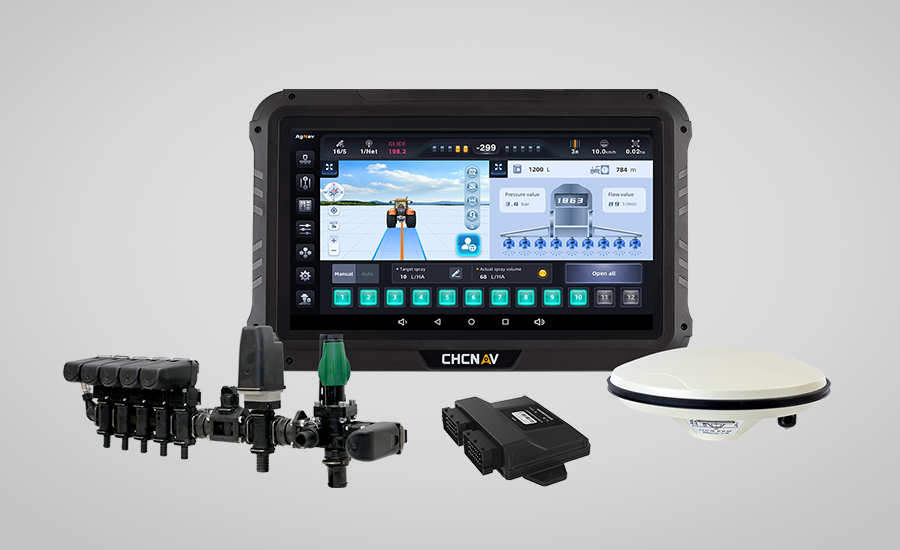 Sistema de control de pulverización automatizado CHCNAV SprayX100 con tableta, kit de válvulas y antena GNSS.