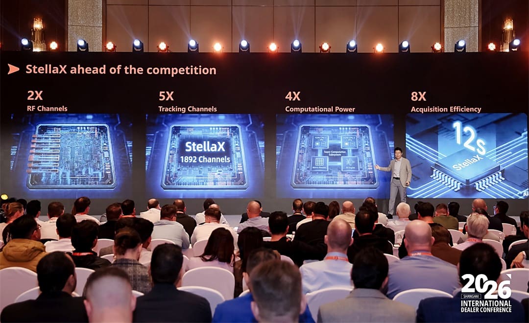 CHC Navigation Global Partner Conference 2026 keynote launching the StellaX and PointX positioning solutions