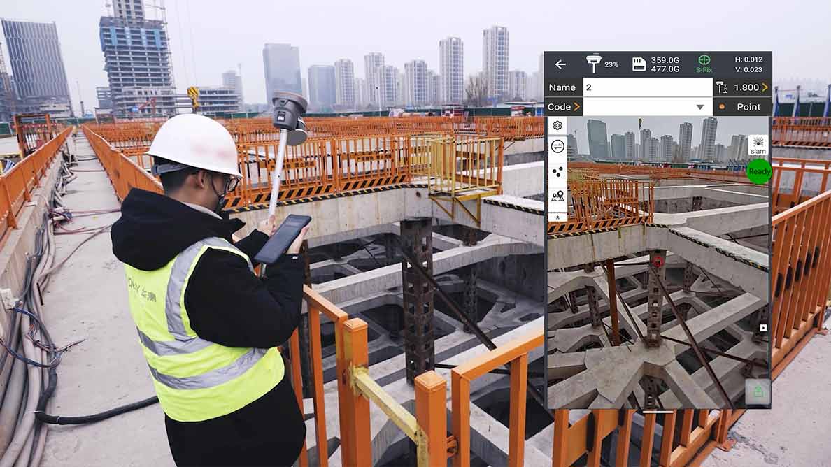 Surveyor on a construction site using the CHCNAV RS10 GNSS system with real-time position and point collection displayed on a tablet.