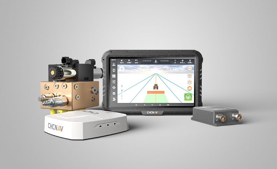 CHCNAV NX510 hydraulic auto-steering system components, including hydraulic valve, GNSS antenna, display tablet with guidance interface, and control unit