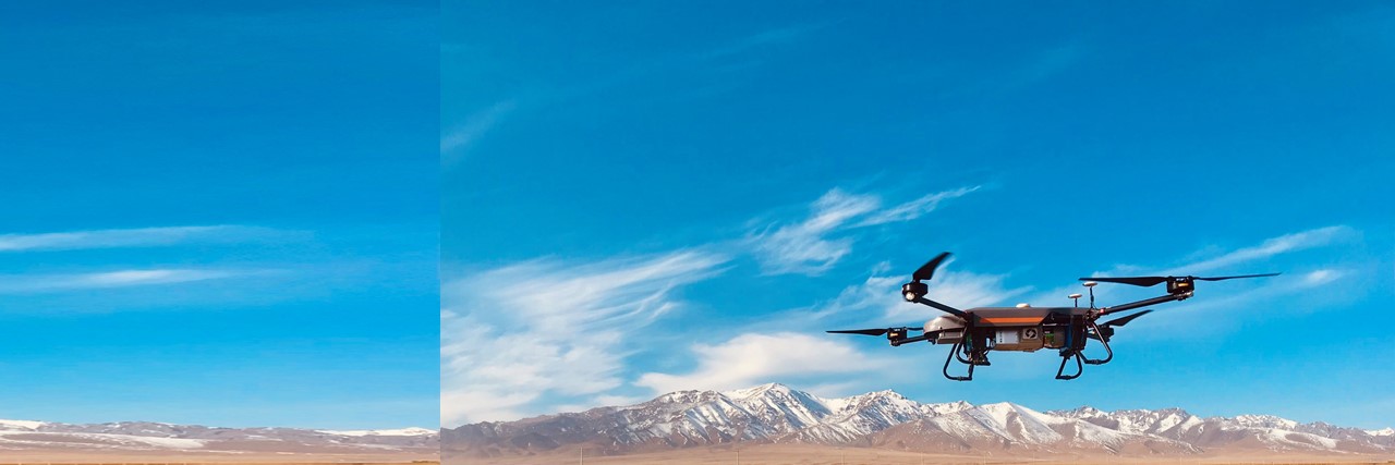 El dron BB4, vehículo aéreo no tripulado, en el aire para la tarea de cartografía de montaña